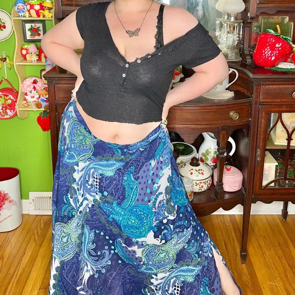 Y2k Roz & Ali fairycore boho mermaidcore paisley print sheer layered maxi skirt!
